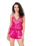 Fuşya Saten Babydoll Şort Takımı