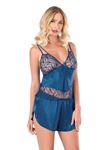 Petrol Mavisi Saten Babydoll Şort Takımı