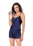 Lacivert Saten Babydoll Şort Takımı