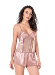 Koyu Pudra Saten Babydoll Şort Takımı