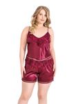 Büyük Beden Bordo Saten Babydoll Şort Takımı