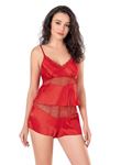Kırmızı Saten Babydoll Şort Takımı