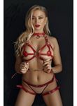 Fantezi Sütyen Külot Kelepçeli Kırmızı Harness Set