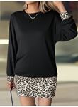 Kadın Uzun Kollu Bisiklet Yaka üst Viskon Iki Iplik Alt Leopar Desenli Mini Elbise