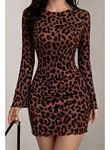 Kadın Uzun Kollu Bisiklet Yaka Leopar Desenli Dalgıç Mini Elbise