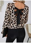 Kadın Uzun Kollu Arkadan Fiyonk Detaylı Leopar Desenli Süprem Bluz