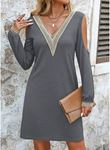 Kadın Uzun Kollu Omuzdan Açık V Dantel Yakalı Mini Waffle Elbise