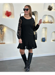 Kadın Uzun Kollu Yuvarlak Yaka Kol Ve Etek Ucu Dantelli Kısa Ithal Krep Elbise