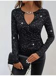 Kadın Uzun Kollu Kruvaze Yakalı Aksesuarlı Dalgıç Bluz