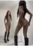 Kadın Uzun Kollu önden Fermuarlı Parmaktan Geçmeli Leopar Desenli Dalgıç Tulum