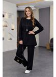 Kadın Uzun Kollu Bisiklet Yaka Belden Büzgülü Bağcıklı Viskon Iki Iplik Bluz Ve Pantolon Ikili Takım