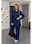 Kadın Uzun Kollu Bisiklet Yaka Belden Büzgülü Bağcıklı Viskon Iki Iplik Bluz Ve Pantolon Ikili Takım