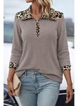 Kadın Uzun Kollu Leopar Yakalı Fermuarlı Waffle Bluz