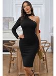 Kadın Tek Omuzdan Açık Uzun Kollu Balıkçı Yaka Midi Ithal Krep Elbise