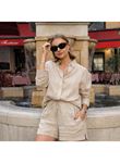 Kadın Uzun Kollu Salaş Gömlek Ve şort Keten Ikili Takım
