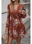Kadın Uzun Kollu Kruvaze Yakalı çiçek Desenli Mini Süprem Elbise
