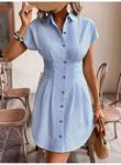 Kadın Kısa Kollu Yakalı önden Düğmeli Kısa Trikoton Elbise