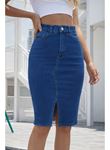Kadın Yüksek Bel önden Yırtmaçlı Kısa Kot Etek