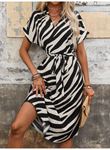 Kadın Kısa Kollu V Hakim Yakalı Zebra Desenli Midi Süprem Elbise
