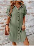 Kadın Kısa Kollu Yakalı önden Düğmeli Bürümcük Kısa Elbise