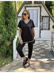 Kadın Kısa Kollu V Yakalı Iki Iplik Bluz Ve Pantolon Ikili Takım