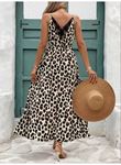 Kadın Ip Askılı Yuvarlak Yakalı Arkası V Yakalı Yırtmaçlı Uzun Leopar Desenli Süprem Elbise