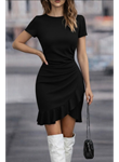 Kadın Kısa Kollu Bisiklet Yaka önden Volanlı Ithal Krep Elbise