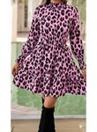 Kadın Uzun Kollu Yarı Balıkçı Yaka Leopar Desenli Modal Mini Elbise