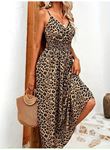 Kadın Ip Askılı Kruvazeli Yakalı Beli Lastikli Leopar Desenli Uzun Süprem Elbise