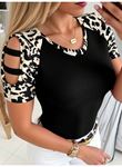 Kadın Kısa Kollu Yuvarlak Yaka Kollarda şerit Detaylı Leoparlı Viskon Bluz