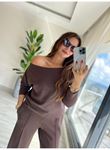 Kadın Uzun Kollu Tek Omuzdan Açık Modal Bluz Ve Pantolon Ikili Takım