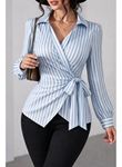 Kadın çizgili Kruvaze Bağlamalı Gömlek