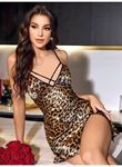Leopar Desenli Sırt Çapraz Askılı Saten Mini Gecelik