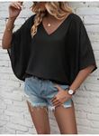 Kadın Kısa Kollu V Yakalı Salaş Viskon Bluz