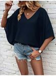 Kadın Kısa Kollu V Yakalı Salaş Viskon Bluz