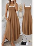 Kadın Ip Askılı Yuvarlak Yakalı Cepli Uzun Viskon Elbise