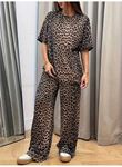 Kadın Kısa Kollu Bisiklet Yaka Iki Iplik Leopar Desenli Bluz Ve Pantolon Ikili Takım
