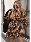 Kadın Uzun Kollu Kruvaze Yakalı Fırfırlı Belden Kuşaklı Leopar Desen Modal Elbise