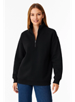 Üç İplik Dık Yaka Yarım Fermuarlı SweatShirt - Siyah