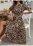 Kadın Kısa Kollu Yakalı Belden Kuşaklı Leopar Desenli Midi Süprem Elbise