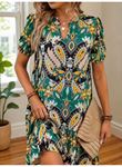 Kadın Kısa Kollu V Yakalı Desenli Kısa Süprem Elbise