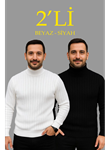 Erkek Fitilli Triko Kazak 2li Set Beyaz Siyah Regular Balıkcı Yaka Tam Boğazlı Triko Seti Modeli Kazak