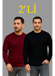 Erkek Fitilli Triko Kazak 2’li Set – Siyah - Bordo, Kalın Dokuma Pamuklu Regular Fit Bisiklet Yaka Uzun Kollu Rahat Kışlık Kazak Kombini