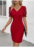 Kadın Kısa Kollu Dantelli V Yakalı Yanlardan Büzgülü çapraz Detaylı Ithal Krep Elbise
