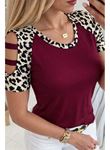 Kadın Kısa Kollu Yuvarlak Yaka Kollarda şerit Detaylı Leoparlı Viskon Bluz