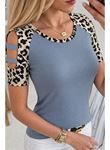 Kadın Kısa Kollu Yuvarlak Yaka Kollarda şerit Detaylı Leoparlı Viskon Bluz