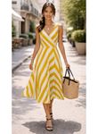 Kadın Askılı Kruvaze Yakalı Kemersiz çizgili Dalgıç Midi Elbise