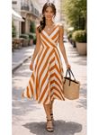 Kadın Askılı Kruvaze Yakalı Kemersiz çizgili Dalgıç Midi Elbise