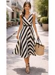 Kadın Askılı Kruvaze Yakalı Kemersiz çizgili Dalgıç Midi Elbise