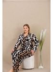 Büyük Beden Siyah Benekli Düğmeli Uzun Kol Viskon Pijama Takımı